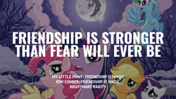 Size: 1280x720 | Tagged: safe, edit, editor:quoterific, idw, applejack, fluttershy, pinkie pie, rainbow dash, rarity, twilight sparkle, alicorn, earth pony, pegasus, pony, unicorn, g4, applejack's hat, cowboy hat, female, flying, hat, mane six, mare, moon, night, nightmare rarity (idw), open mouth, spread wings, text, twilight sparkle (alicorn), wings