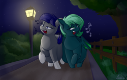 Size: 5133x3240 | Tagged: safe, artist:andesblorps, oc, oc only, oc:midnight blossom, oc:river dream, bat pony, pony, bat pony oc, chubby, chubby cheeks, coat markings, double chin, drunk, duo, duo female, female, freckles, large belly, night, singing, socks (coat markings), streetlight