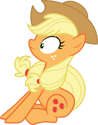 Size: 3000x3830 | Tagged: safe, artist:cloudy glow, applejack, earth pony, pony, castle mane-ia, g4, .ai available, applejack's hat, cowboy hat, female, freckles, frown, full body, hat, high res, hooves, mare, shrunken pupils, side view, simple background, sitting, solo, transparent background, vector