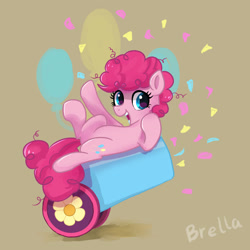 Size: 1280x1280 | Tagged: safe, artist:brella, pinkie pie, earth pony, pony, g4, cutie mark background, party cannon, solo