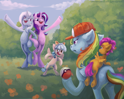 Size: 3500x2800 | Tagged: safe, artist:yarugreat, cozy glow, rainbow dash, scootaloo, starlight glimmer, trixie, pegasus, pony, unicorn, g4, belly button, bipedal, butt, cap, female, filly, flower, foal, hat, high res, looking at each other, looking at someone, mare, multicolored hair, open mouth, plot, poké ball, pokémon, rainbow hair, rainbow tail, spread wings, tabun art-battle finished after, tail, team rocket, unamused, wings