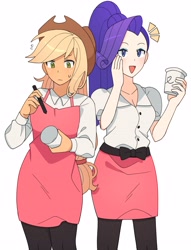 Size: 3016x3952 | Tagged: safe, artist:4phr0sd3l0s, applejack, rarity, equestria girls, g4, alternate hairstyle, applejack's hat, apron, barista, blushing, breasts, cleavage, clothes, cowboy hat, cup, female, freckles, hat, high res, lesbian, ponytail, ship:rarijack, shipping, simple background, stetson, white background