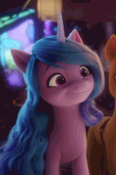 Size: 718x1080 | Tagged: safe, screencap, hitch trailblazer, izzy moonbow, earth pony, pony, unicorn, g5, my little pony: a new generation, spoiler:my little pony: a new generation, animated, blinking, cropped, cute, duo, female, gif, horn, izzybetes, looking up, male, mare, offscreen character, smiling, solo focus, stallion, weapons-grade cute