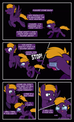 Size: 1920x3169 | Tagged: safe, artist:alexdti, oc, oc only, oc:dark purple, oc:purple creativity, pegasus, pony, comic:quest for friendship, angry, blue eyes, comic, crying, dialogue, duo, ears back, eyes closed, female, floppy ears, flying, folded wings, glasses, grin, high res, hooves, looking at someone, looking back, male, mare, open mouth, open smile, pegasus oc, r63 paradox, rule 63, running, sad, self paradox, self ponidox, shrunken pupils, smiling, speech bubble, spread wings, stallion, wings, wings down, yelling