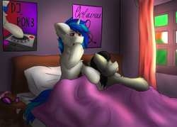 Size: 6623x4752 | Tagged: safe, artist:flapstune, dj pon-3, octavia melody, vinyl scratch, earth pony, pony, unicorn, g4, bed, chest fluff, ear fluff, gay, glasses, horn, male, morning ponies, octavius, pillow, poster, record scrape, rule 63, ship:scrapetavius, ship:scratchtavia, shipping, signature, stallion, window, wrong eye color, yawn