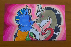 Size: 2048x1372 | Tagged: safe, artist:wulfums, discord, oc, oc:wulfy, draconequus, g4, boop, canon x oc, draconequus oc, gay, male, marker drawing, noseboop, shipping, traditional art