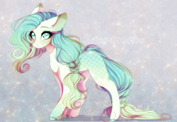 Size: 3026x2100 | Tagged: safe, artist:krissstudios, oc, hybrid, kirin, pony, abstract background, blue eyes, braided tail, colored hooves, ears back, female, gradient mane, high res, long tail, looking at you, multicolored hair, solo, standing, tail, white coat