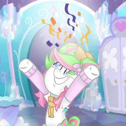 Size: 1280x1280 | Tagged: safe, artist:dazzle_ribbon, oc, oc:rosie crystal hoove, earth pony, pony, clothes, crystal, crystal empire, female, happy, room, scarf, smiling, solo