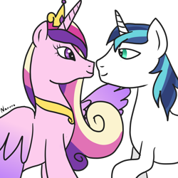 Size: 1024x1024 | Tagged: safe, artist:wrath-marionphauna, princess cadance, shining armor, alicorn, pony, unicorn, g4, crown, digital art, female, jewelry, looking at each other, looking at someone, male, mare, regalia, ship:shiningcadance, shipping, simple background, smiling, smiling at each other, stallion, straight, transparent background, wing hands, wings