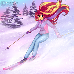 Size: 3000x3000 | Tagged: safe, artist:xjenn9, sunset shimmer, equestria girls, g4, cute, high res, shimmerbetes, skiing, snow, solo, winter, ych example, your character here