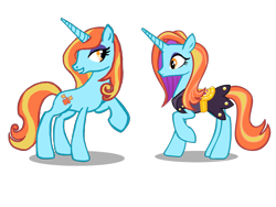 Size: 1280x960 | Tagged: safe, artist:lil' pegasus, fleur-de-lis, sassy saddles, pony, unicorn, g4, concave belly, duo, duo female, eyeshadow, female, frown, full body, grin, hooves, horn, lidded eyes, makeup, mare, raised hoof, recolor, shadow, simple background, slender, smiling, standing, surprised, tail, thin, transparent background, two toned mane, two toned tail