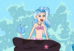 Size: 1653x1137 | Tagged: safe, artist:ocean lover, silverstream, mermaid, starfish, g4, belly button, bra, cute, diastreamies, disney, disney style, fins, fish tail, human coloration, humanized, jewelry, lips, mermaid tail, mermaidized, midriff, necklace, ocean, open mouth, part of your world, pearl necklace, purple eyes, reference, rock, seashell bra, singing, solo, species swap, splashing, tail, the little mermaid, water, wave