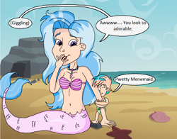Size: 1238x970 | Tagged: safe, artist:ocean lover, coral currents, silverstream, human, mermaid, starfish, g4, baby, beach, belly button, bra, breasts, covering mouth, cute, daaaaaaaaaaaw, disney style, eyes closed, fish tail, giggling, hug, humanized, jewelry, lips, mermaid tail, mermaidized, midriff, necklace, ocean, older coral currents, pearl necklace, purple eyes, rock, sand, seashell, seashell bra, simple background, sitting, smiling, species swap, tail, text, water, wave, word bubble