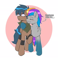 Size: 2048x2048 | Tagged: safe, artist:shallowwin, oc, oc only, oc:pixel codec, oc:shallow win, pegasus, pony, blushing, chest fluff, dialogue, gay, gradient hooves, male, nervous, nuzzling, oc x oc, shipping, simple background, stallion