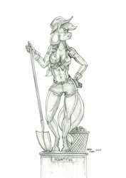 Size: 950x1345 | Tagged: safe, artist:baron engel, applejack, earth pony, anthro, unguligrade anthro, g4, breasts, busty applejack, female, mare, monochrome, pencil drawing, solo, statue, traditional art