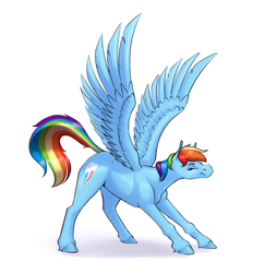 Size: 2792x2877 | Tagged: safe, artist:aquaticvibes, rainbow dash, pegasus, pony, g4, eyes closed, female, high res, mare, simple background, smiling, solo, spread wings, stretching, white background, wings