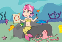 Size: 1648x1120 | Tagged: safe, artist:ocean lover, kettle corn, fish, mermaid, octopus, seahorse, starfish, g4, amazed, bandeau, belly button, bubble, child, circle, coral, cute, disney style, fish tail, human coloration, humanized, kelp, kettlebetes, looking at you, mermaid tail, mermaidized, midriff, ocean, paint, paintbrush, painting, paper, ribbon, seaweed, sitting, species swap, swimming, tail, underwater, water