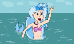 Size: 1396x826 | Tagged: safe, artist:ocean lover, silverstream, mermaid, g4, belly button, bra, disney, disney style, fins, fish tail, goodbye, human coloration, humanized, jewelry, lips, mermaid tail, mermaidized, midriff, necklace, ocean, open mouth, pearl necklace, purple eyes, reference, seashell bra, solo, species swap, tail, the little mermaid, water, wave, waving