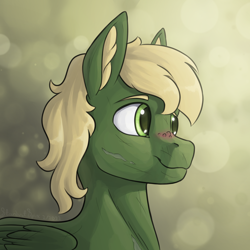 Size: 2000x2000 | Tagged: safe, artist:stardustspix, oc, oc only, oc:murky, pegasus, pony, fallout equestria, fallout equestria: murky number seven, abstract background, bust, ear fluff, fanfic art, high res, looking sideways, scar, smiling, solo, wings
