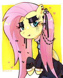 Size: 1923x2352 | Tagged: safe, artist:fuyugi, fluttershy, pegasus, pony, g4, abstract background, clothes, dress, ear piercing, female, fluttergoth, goth, gothic, hair accessory, lidded eyes, lipstick, mare, piercing, solo