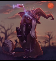 Size: 2034x2200 | Tagged: safe, artist:anku, oc, oc only, pony, unicorn, blood moon, clothes, cuffs (clothes), dead tree, dusk, glass, graveyard, hat, hooves, leonine tail, magic, moon, pouring, sitting, smiling, smirk, solo, tail, tree, unshorn fetlocks, wine glass, witch hat