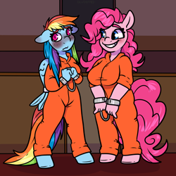 Size: 2000x2000 | Tagged: safe, artist:sexygoatgod, pinkie pie, rainbow dash, earth pony, pegasus, anthro, g4, bound wings, clothes, courtroom, cuffs, duo, female, handcuffed, high res, jumpsuit, looking at each other, looking at someone, looking at you, never doubt rainbowdash69's involvement, prison outfit, prisoner pp, prisoner rd, uniform, wing cuffs, wings