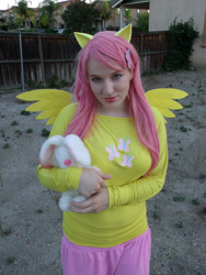 Size: 2121x2828 | Tagged: safe, artist:meahowcosplay, fluttershy, human, rabbit, g4, 2014, animal, clothes, cosplay, costume, cutie mark on clothes, high res, irl, irl human, photo, plushie