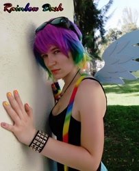 Size: 1440x1772 | Tagged: safe, artist:meahowcosplay, rainbow dash, human, g4, bare shoulders, clothes, cosplay, costume, goggles, irl, irl human, multicolored hair, photo, rainbow hair, sleeveless, tank top