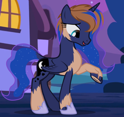 Size: 1282x1214 | Tagged: safe, artist:anonymous, princess luna, alicorn, human, pony, g4, /ptfg/, ethereal mane, eye color change, female, hoof shoes, human to pony, mare, mid-transformation, night, open mouth, open smile, outdoors, princess shoes, raised hoof, show accurate, smiling, solo, transformation, wing growth, wings