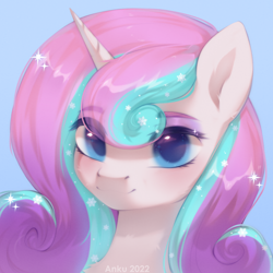 Size: 2000x2000 | Tagged: safe, artist:anku, oc, oc only, oc:lovely promise, alicorn, pony, alicorn oc, blue eyes, bust, colored background, curly mane, female, high res, horn, icon, mare, mascara, not flurry heart, pink mane, solo, sparkles, wings