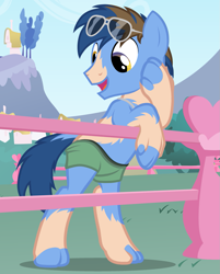 Size: 1045x1298 | Tagged: safe, artist:anonymous, blues, noteworthy, earth pony, human, pony, g4, /ptfg/, bipedal, bipedal leaning, brown hair, clothes, eye color change, fence, human to pony, leaning, light skin, male, mid-transformation, open mouth, open smile, outdoors, pants, shorts, show accurate, smiling, solo, stallion, sunglasses, sunglasses on head, transformation