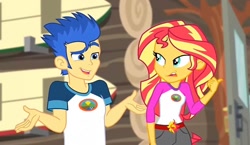 Size: 1128x653 | Tagged: safe, screencap, flash sentry, sunset shimmer, equestria girls, g4, legend of everfree - bloopers, my little pony equestria girls: legend of everfree, blooper, dreamworks face, duo, female, frown, looking at each other, looking at someone, male, open mouth, open smile, pointing, shrug, smiling, spoilers for another series