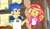 Size: 1128x653 | Tagged: safe, screencap, brawly beats, flash sentry, ringo, sunset shimmer, equestria girls, g4, legend of everfree - bloopers, my little pony equestria girls: legend of everfree, blooper, dreamworks face, duo, female, frown, looking at each other, looking at someone, male, open mouth, open smile, pointing, shrug, smiling, spoilers for another series