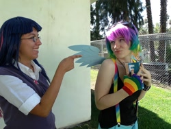 Size: 1800x1350 | Tagged: safe, artist:kirisosha, artist:meahowcosplay, rainbow dash, twilight sparkle, human, g4, bare shoulders, clothes, cosplay, costume, duo, fingerless gloves, glasses, gloves, goggles, irl, irl human, multicolored hair, photo, rainbow hair, sleeveless, tank top