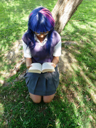 Size: 1536x2048 | Tagged: safe, artist:kirisosha, twilight sparkle, human, g4, book, clothes, cosplay, costume, glasses, irl, irl human, photo, reading