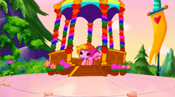 Size: 753x416 | Tagged: safe, screencap, rarity (g3), pony, unicorn, g3, greetings from unicornia, :o, cute, faic, female, flag, flower, g3 raribetes, galloping, horn, mare, o, o mouth, open mouth, outdoors, singing, small horn, solo, song, unicornia, wish you were here (song)