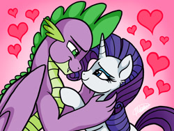 Size: 1920x1440 | Tagged: safe, artist:melspyrose, rarity, spike, dragon, pony, unicorn, g4, dragon x pony, duo, fangs, female, heart, interspecies, looking at each other, looking at someone, male, mare, older, older spike, ship:sparity, shipping, smiling, smiling at each other, straight, winged spike, wings
