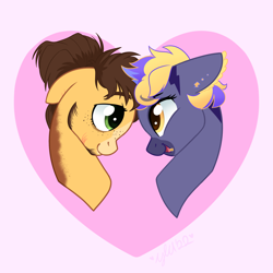 Size: 2048x2048 | Tagged: safe, artist:meowfactor, oc, oc only, oc:golden russet, oc:lightning bolt spectrum, earth pony, pegasus, pony, commission, cute, duo, ear piercing, earring, freckles, gay, heart, high res, holiday, jewelry, lip piercing, looking at each other, looking at someone, male, markings, multicolored hair, nonbinary, oc x oc, offspring, open mouth, parent:applejack, parent:caramel, parent:rainbow dash, parent:soarin', parents:carajack, parents:soarindash, piercing, shipping, stallion, stubble, valentine's day, ych result
