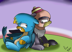 Size: 2061x1480 | Tagged: safe, artist:beesmeliss, gallus, grampa gruff, griffon, g4, chibi