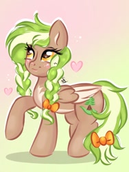 Size: 768x1024 | Tagged: safe, artist:cstrawberrymilk, oc, oc only, oc:sylvia evergreen, pegasus, pony, art trade, blushing, braided pigtails, female, freckles, hair tie, heart, pale belly, pegasus oc, solo, wings