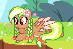 Size: 1610x1080 | Tagged: safe, artist:cstrawberrymilk, oc, oc only, oc:sylvia evergreen, insect, ladybug, pegasus, pony, g4, blushing, braided pigtails, female, flower, flower in hair, freckles, hair tie, heart, lying down, pale belly, pegasus oc, solo, wings