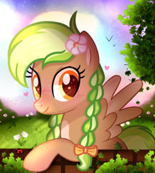 Size: 1080x1208 | Tagged: safe, artist:cstrawberrymilk, oc, oc only, oc:sylvia evergreen, pegasus, pony, g4, blushing, braided pigtails, female, flower, flower in hair, freckles, hair tie, heart, looking at you, pegasus oc, solo, wings