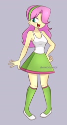 Size: 1192x2200 | Tagged: safe, artist:handgunboi, fluttershy, equestria girls, g4, bare shoulders, clothes, hair over one eye, open mouth, open smile, sleeveless, smiling, solo, tank top