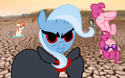 Size: 4000x2500 | Tagged: safe, ocellus, pinkie pie, trixie, oc, oc:laurel blaze goldfish, changedling, changeling, earth pony, pegasus, pony, unicorn, g4, 1000 hours in ms paint, background pony strikes again, blushing, bucket of water, cloak, clothes, crying, cute, desert, diapinkes, disembodied head, doomer girl, female, filly, floppy ears, foal, folded wings, glasses, gun, handgun, human head on changedling, in which pinkie pie forgets how to gravity, looking at you, mare, op is on drugs, pegasus oc, pinkie being pinkie, pinkie physics, shitposting, text, vinyl's glasses, wat, water, weapon, wings, wtf