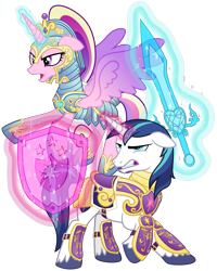 Size: 3200x4000 | Tagged: safe, artist:cheezedoodle96, princess cadance, shining armor, alicorn, pony, unicorn, g4, .svg available, angry, armor, badass, battle couple, battle stance, combat, duo, female, fighting stance, flying, frown, glowing, glowing horn, gritted teeth, high res, horn, husband and wife, magic, magic aura, male, mare, married couple, open mouth, royal guard armor, shield, simple background, spread wings, stallion, svg, sword, teeth, telekinesis, transparent background, vector, war face, weapon, wings