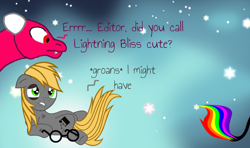 Size: 1024x606 | Tagged: safe, artist:lawleyj77, oc, oc:lightning bliss, oc:the editor, berserk button, black eye, dialogue, glasses, i'm not cute, not derpy, ouch