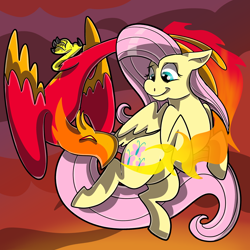 Size: 3000x3000 | Tagged: safe, artist:wulfums, fluttershy, philomena, pegasus, phoenix, pony, g4, abstract background, cute, duo, februpony, fire, flying, high res, shyabetes, smiling, wings