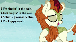 Size: 1280x720 | Tagged: safe, edit, edited screencap, editor:korora, screencap, autumn blaze, kirin, g4, sounds of silence, awwtumn blaze, cute, eyes closed, gene kelly, lyrics, rain, singin' in the rain, song reference, text