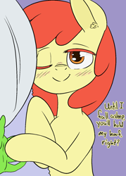 Size: 1066x1491 | Tagged: safe, artist:happy harvey, apple bloom, oc, oc:anon, earth pony, pony, g4, adorabloom, bed, blanket, blushing, bronybait, cute, drawthread, ear fluff, female, filly, foal, holding hands, holding hooves, looking at you, lying down, offscreen character, on side, one eye closed, phone drawing, pillow, ponified, pov