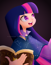 Size: 4277x5500 | Tagged: safe, artist:windywendy29, twilight sparkle, human, g4, absurd resolution, book, cape, cloak, clothes, constellation, cute, female, humanized, open mouth, shirt, solo, twiabetes
